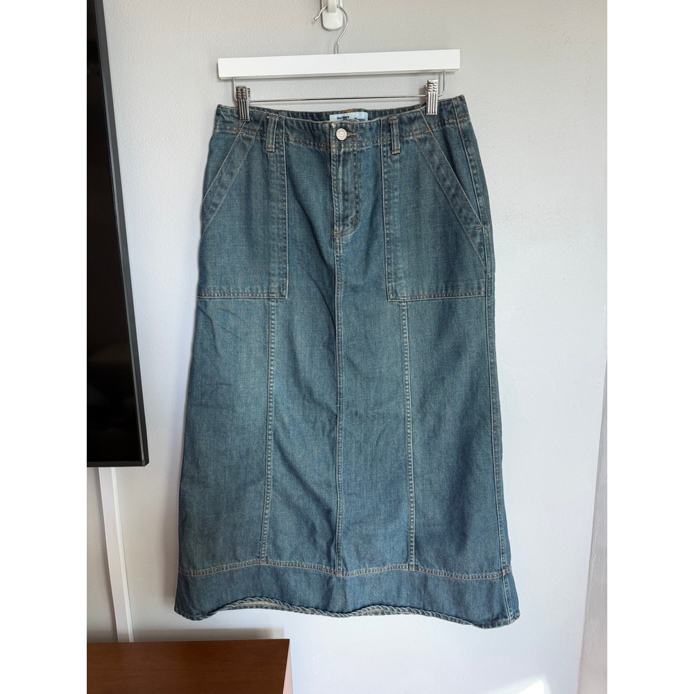 Y2K Old Navy Blue Jeans Denim Midi Skirt Medium Wash Cotton Cargo Size 8